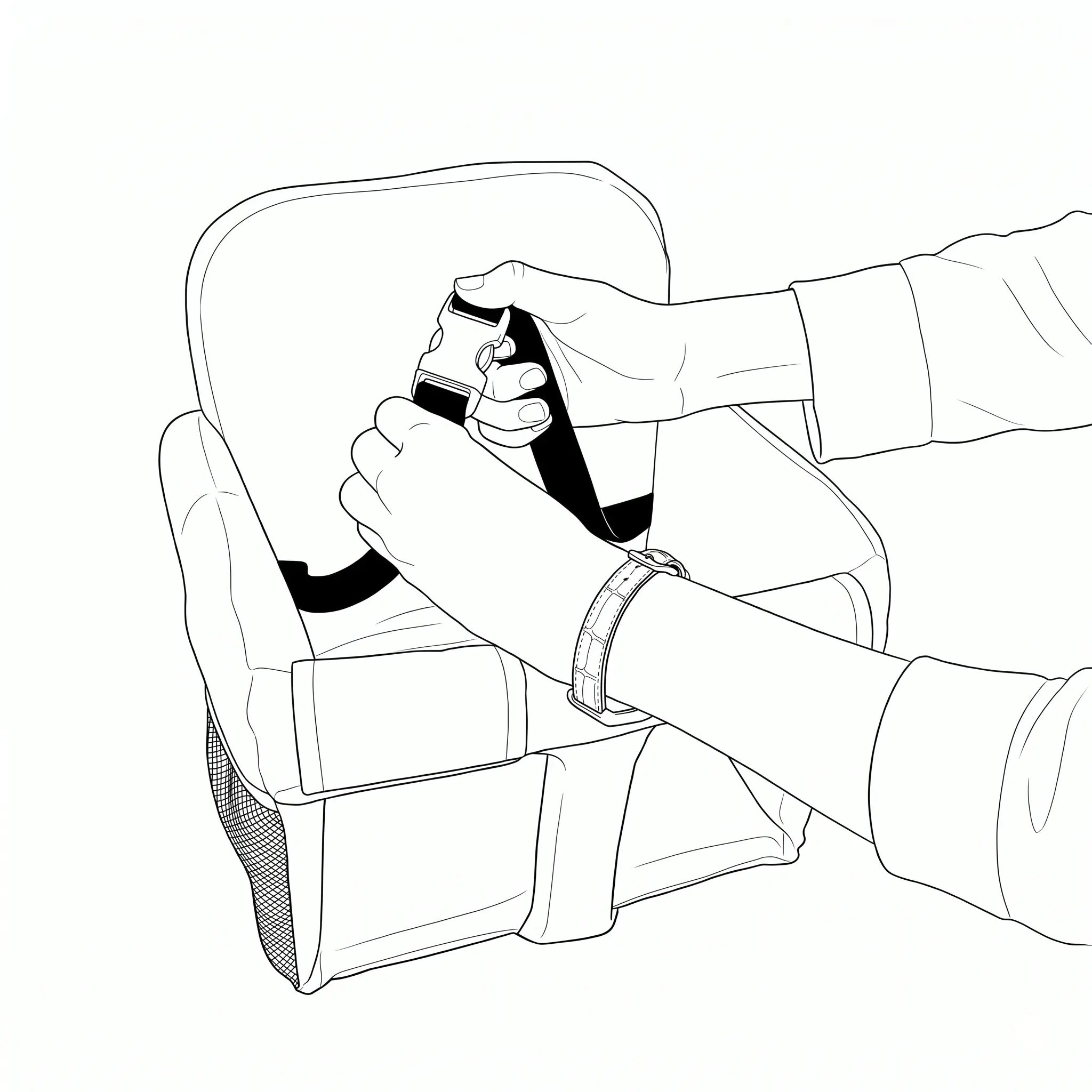 Two hands fastening the safety buckle strap on the Coco Comfort Seat padded insert